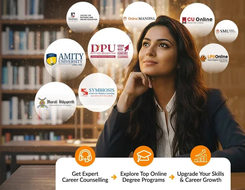 Professional woman with university logos